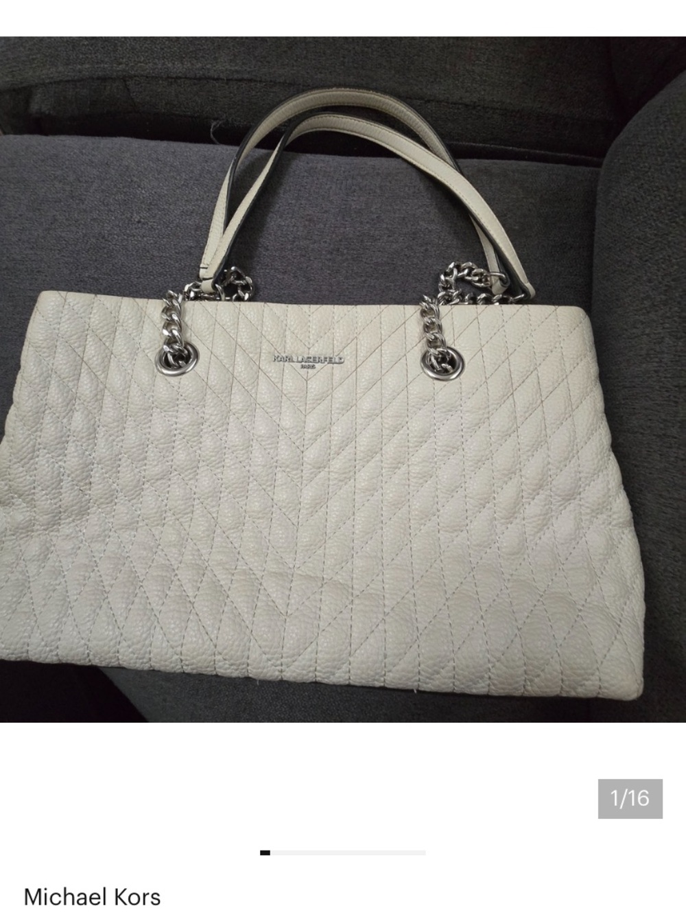 Karl Lagerfeld White Quilted Leather Tote w/ Silver Chain Accent